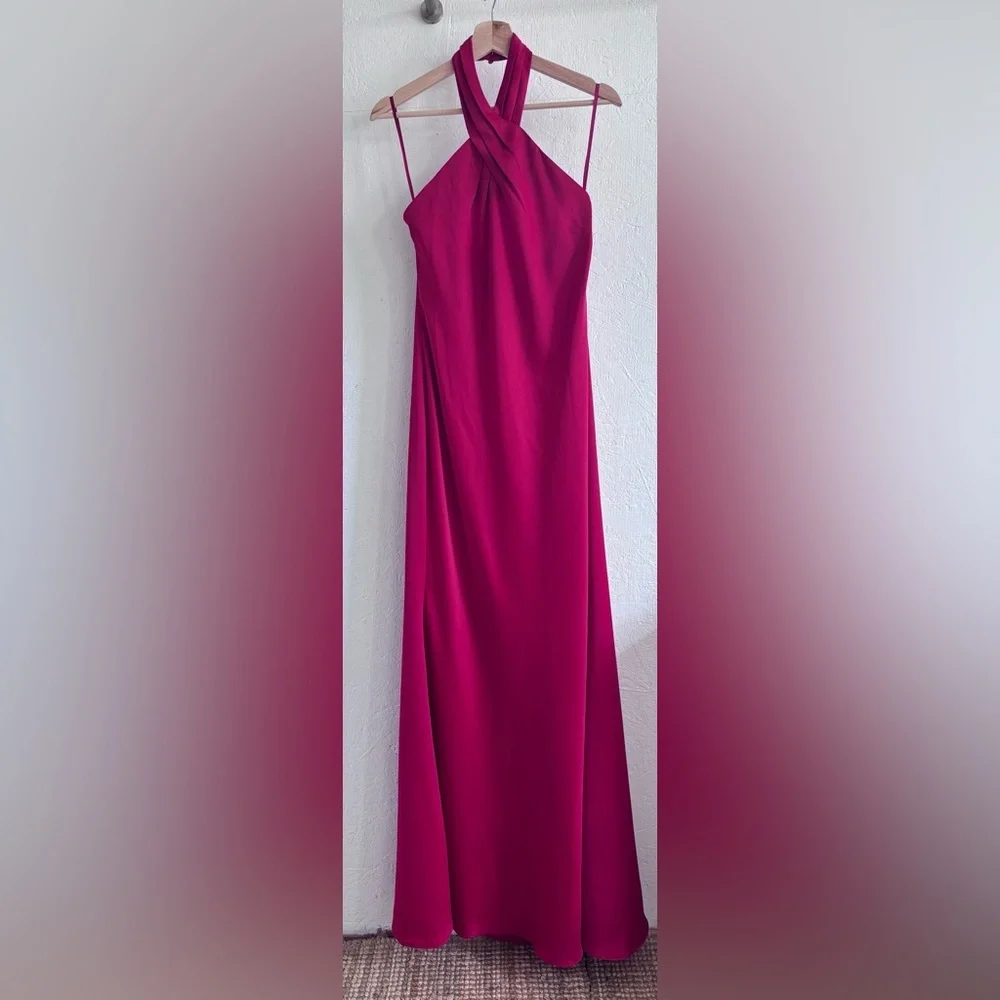 NWT BHLDN Anthropologie Red Halter Open Back Satin Effect Maxi Gown Dress - Picture 6 of 11